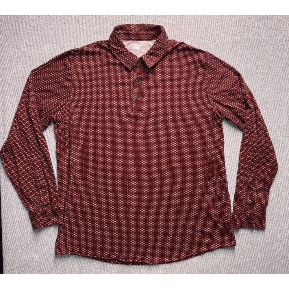 Lands' End Mens Large Long Sleeve Pullover Polo Shirt Red Geometric